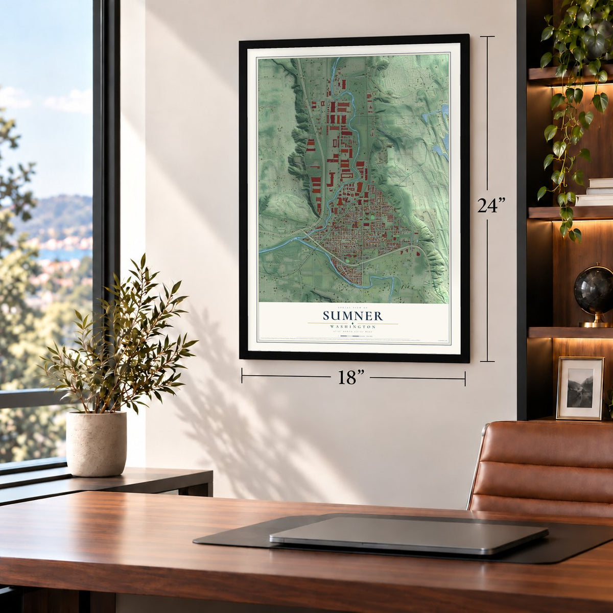 Sumner, Washington map, 18 x 24 inch print in a black frame in a home office