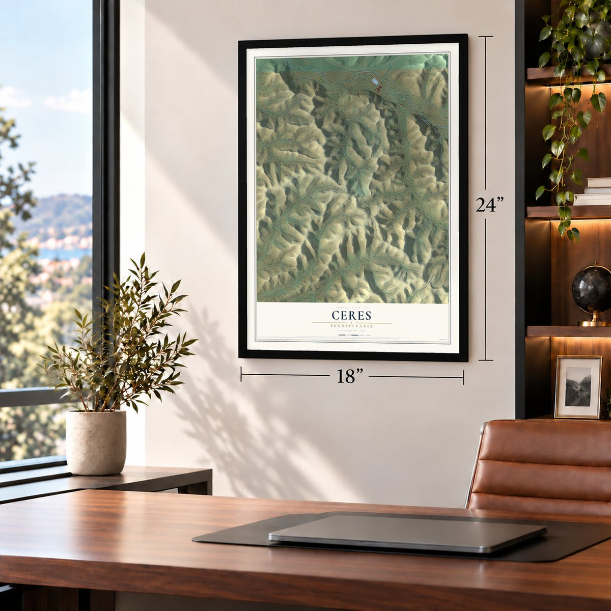 Ceres, Pennsylvania map, 18 x 24 inch print in a black frame in a home office