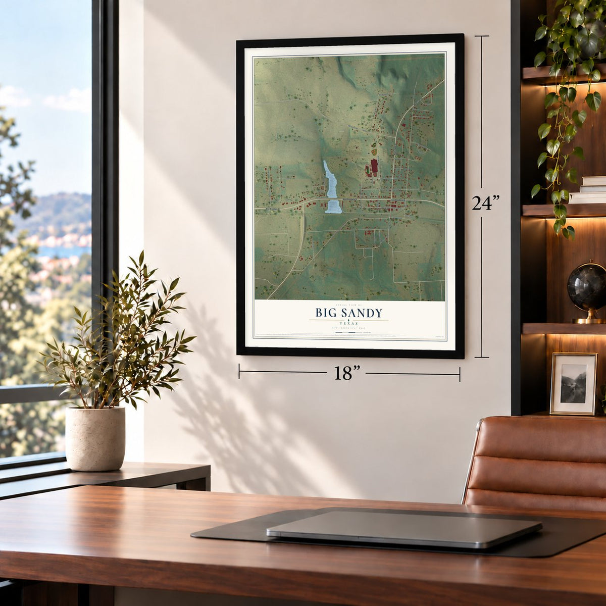 Big Sandy, Texas map, 18 x 24 inch print in a black frame in a home office