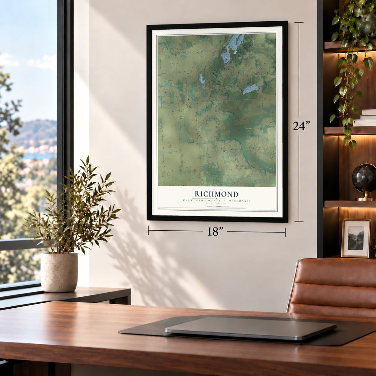 Richmond, Walworth County, Wisconsin map, 18 x 24 inch print in a black frame in a home office