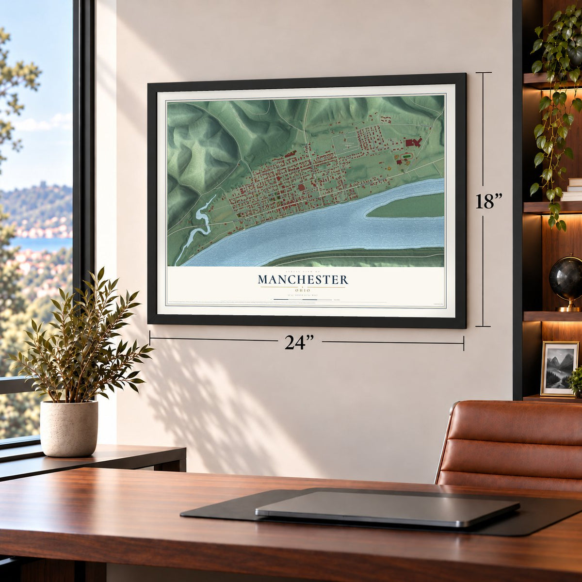 Manchester, Ohio map, 18 x 24 inch print in a black frame in a home office