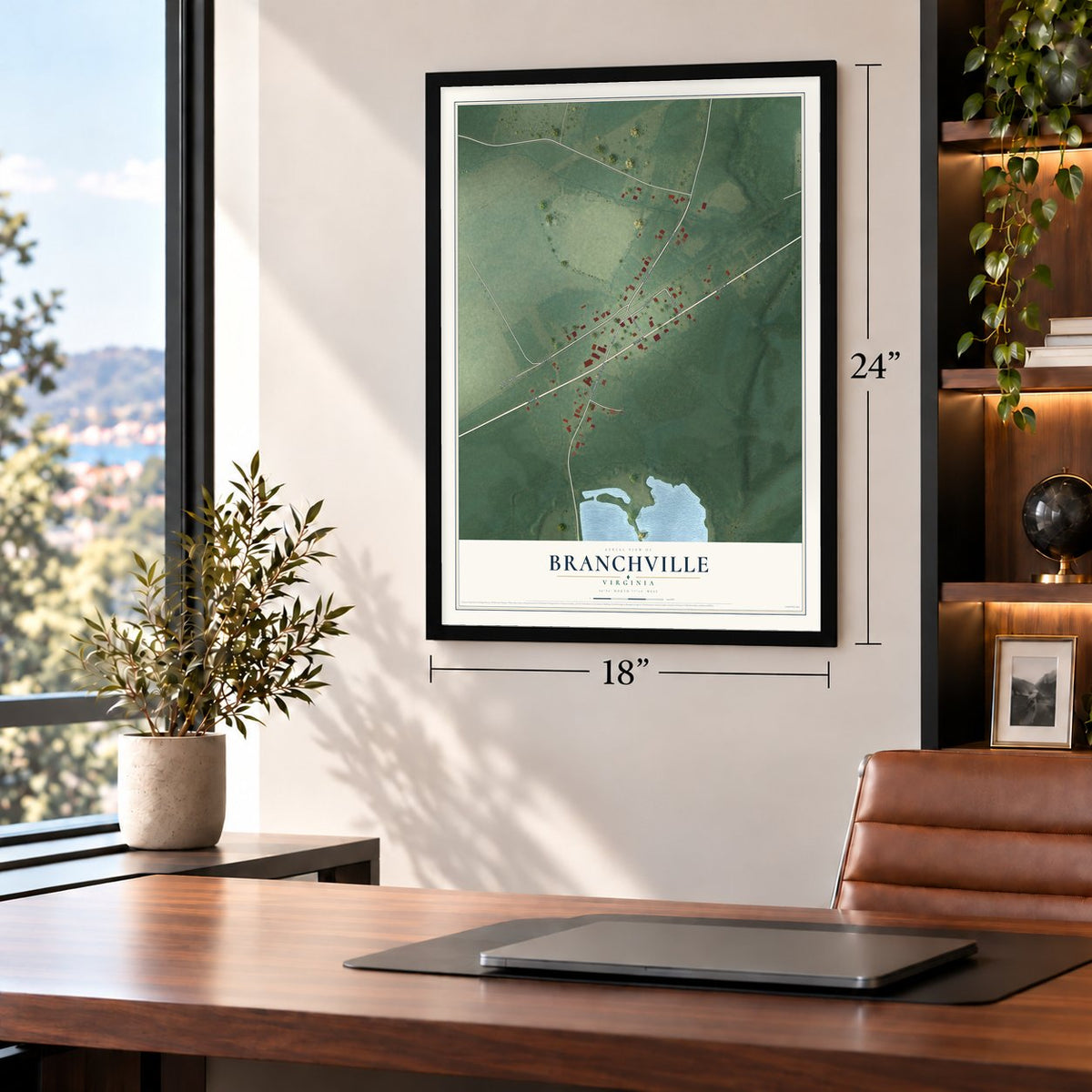 Branchville, Virginia map, 18 x 24 inch print in a black frame in a home office