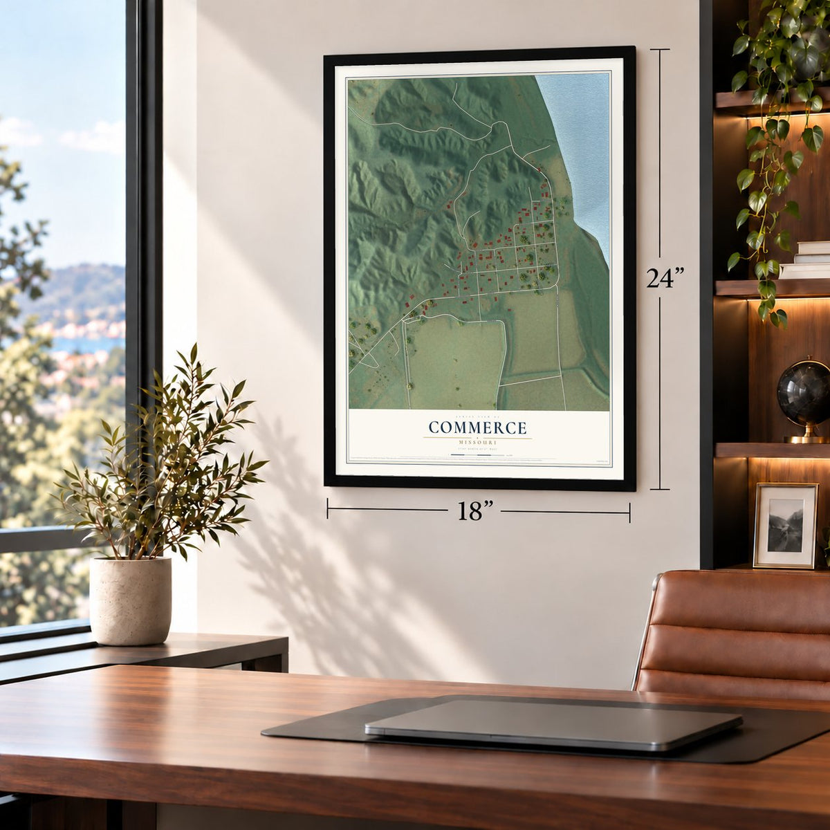 Commerce, Missouri map, 18 x 24 inch print in a black frame in a home office
