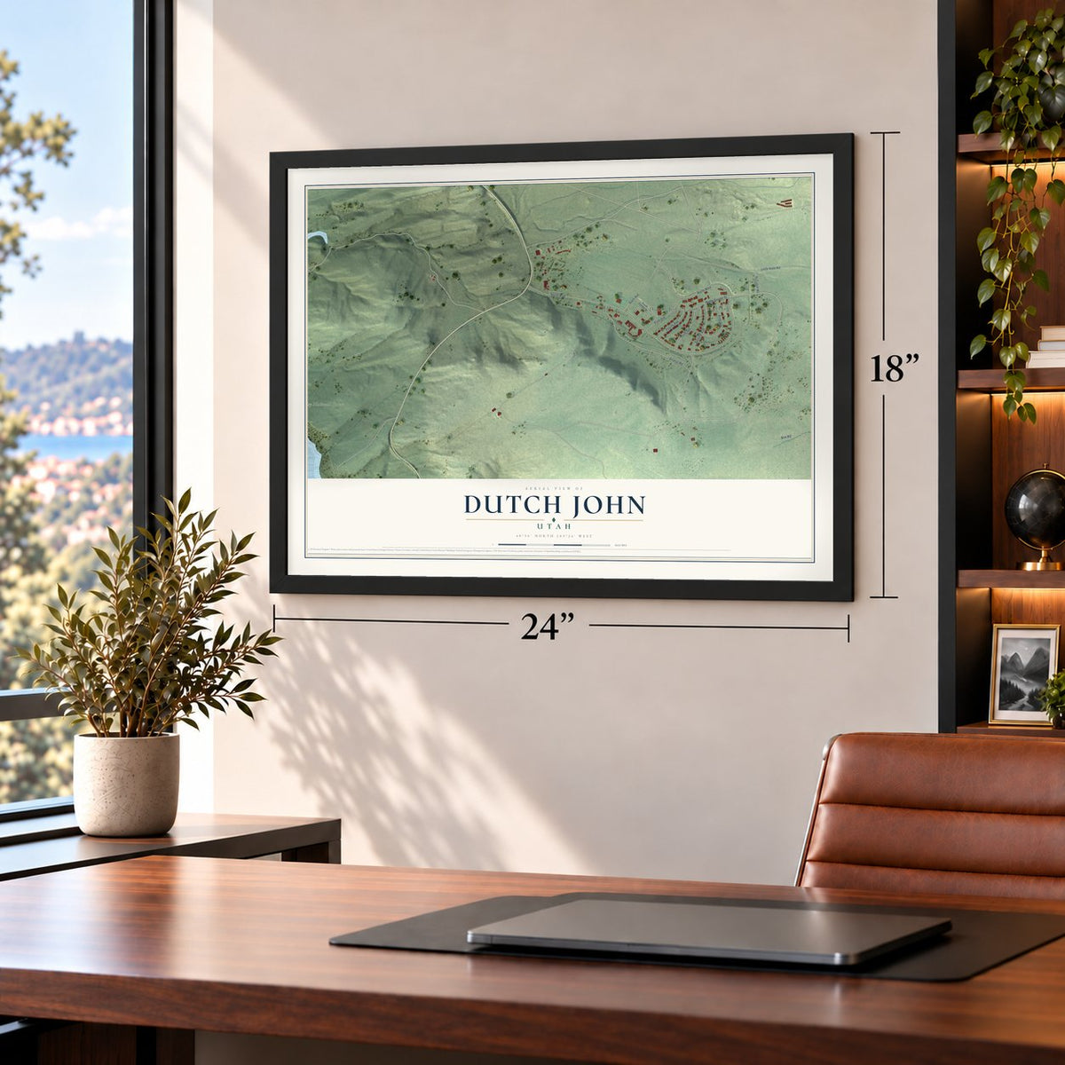 Dutch John, Utah map, 18 x 24 inch print in a black frame in a home office