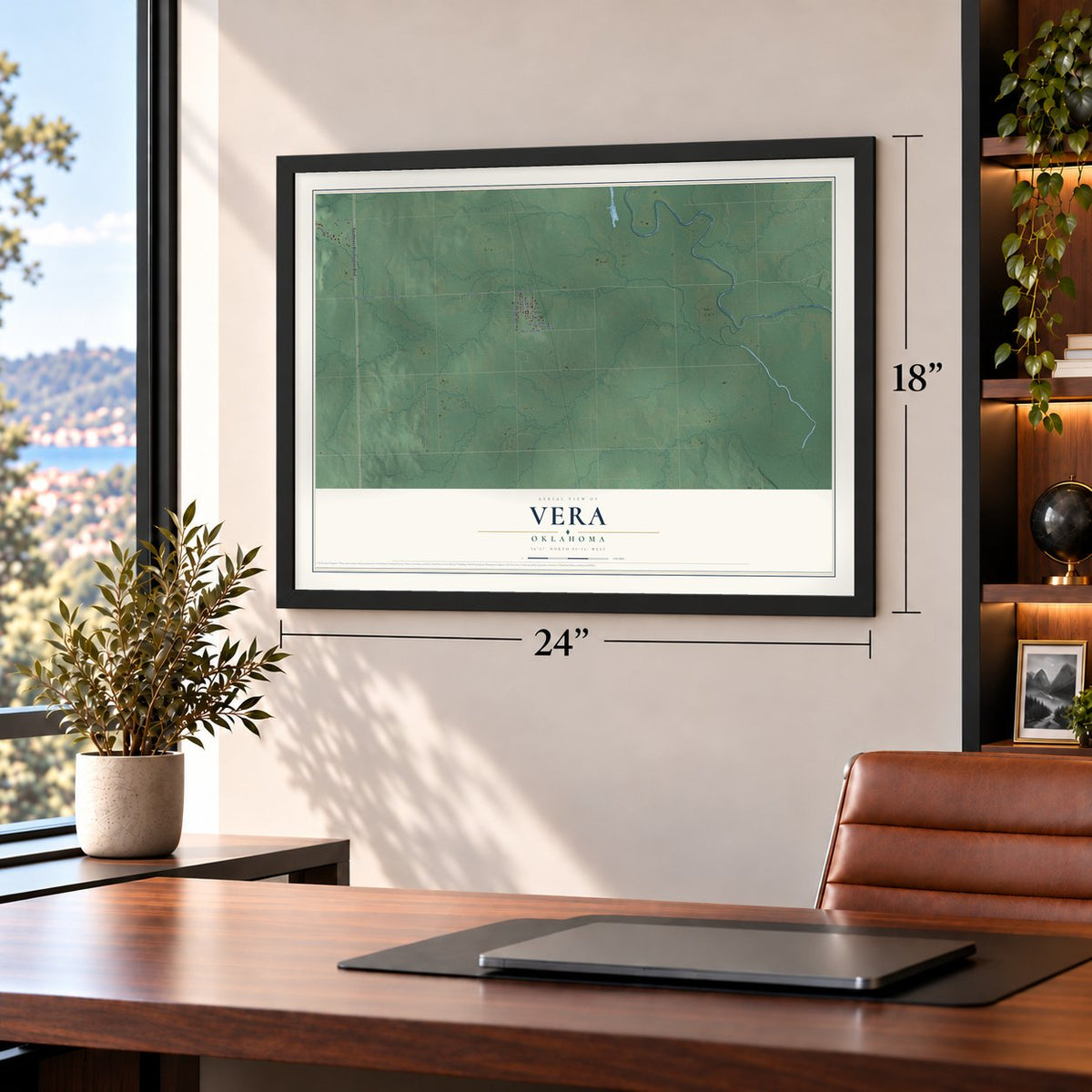 Vera, Oklahoma map, 18 x 24 inch print in a black frame in a home office