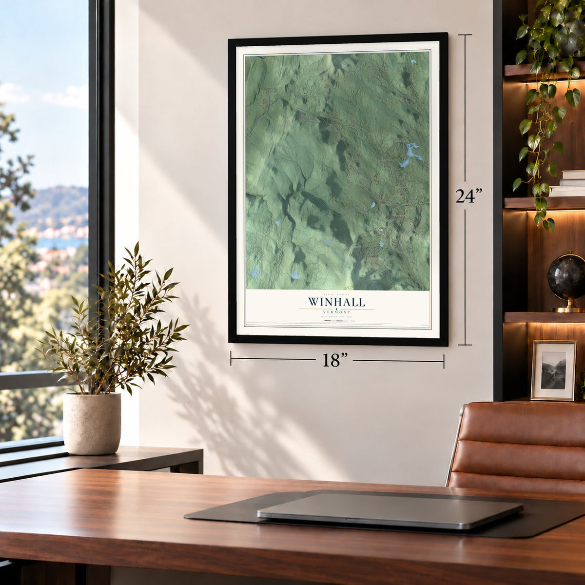 Winhall, Vermont map, 18 x 24 inch print in a black frame in a home office