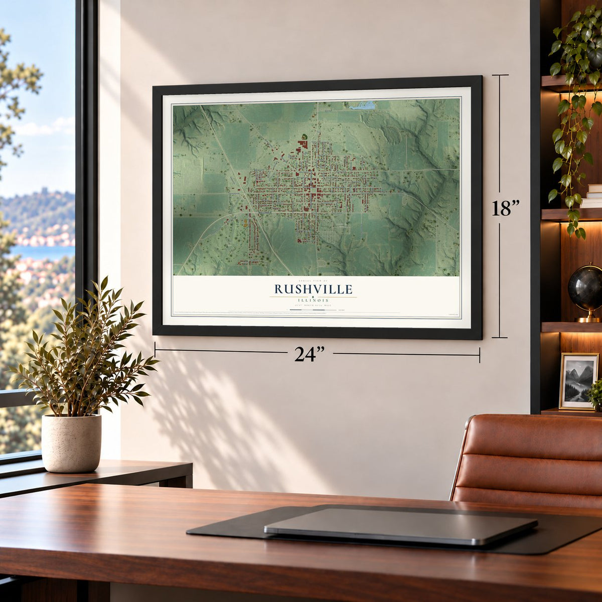 Rushville, Illinois map, 18 x 24 inch print in a black frame in a home office
