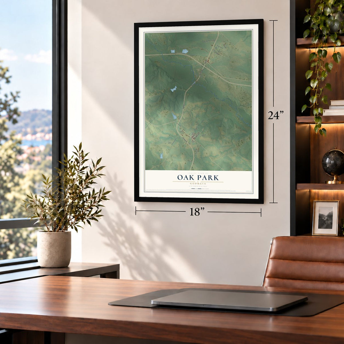 Oak Park, Georgia map, 18 x 24 inch print in a black frame in a home office