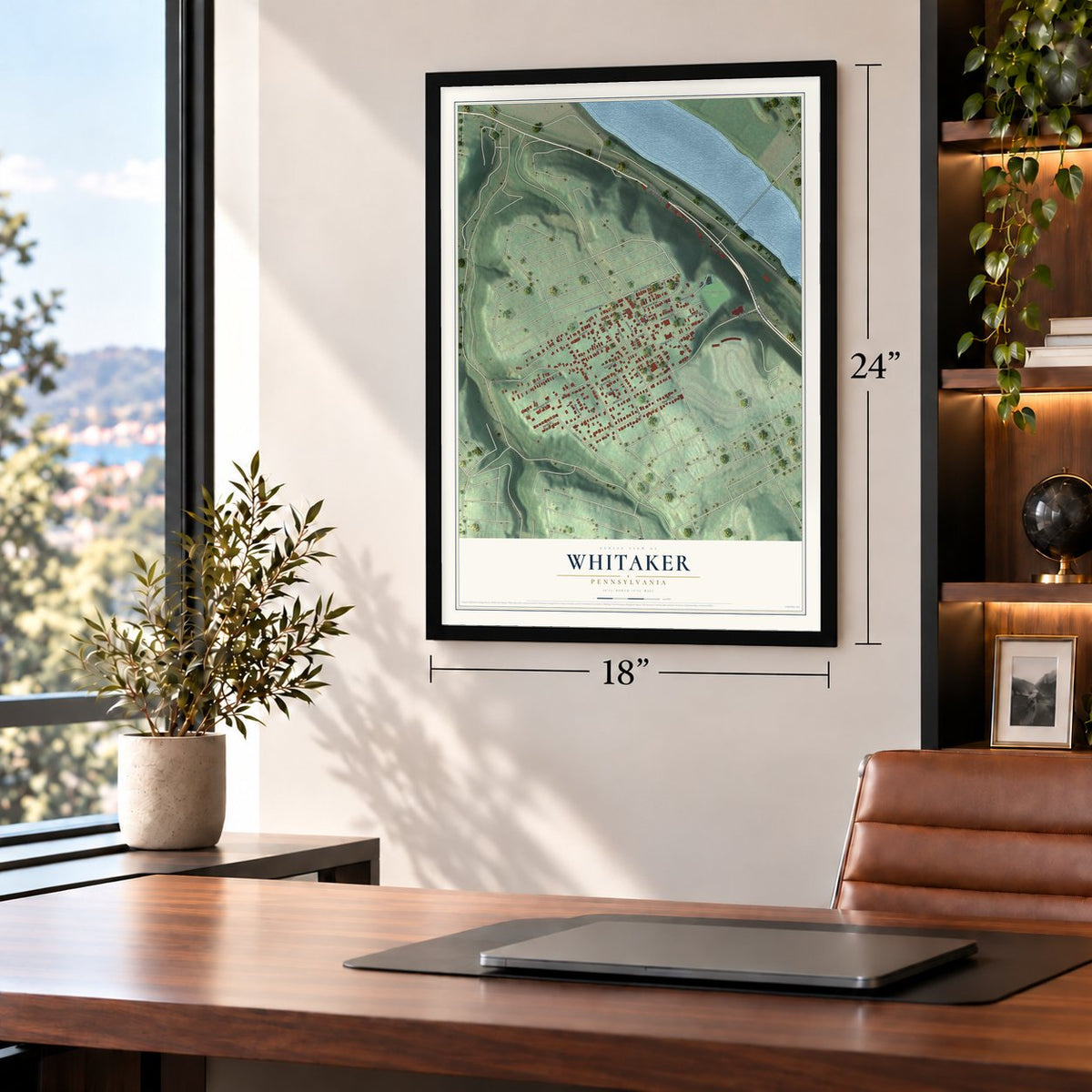 Whitaker, Pennsylvania map, 18 x 24 inch print in a black frame in a home office