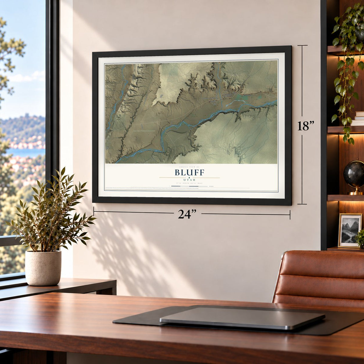 Bluff, Utah map, 18 x 24 inch print in a black frame in a home office