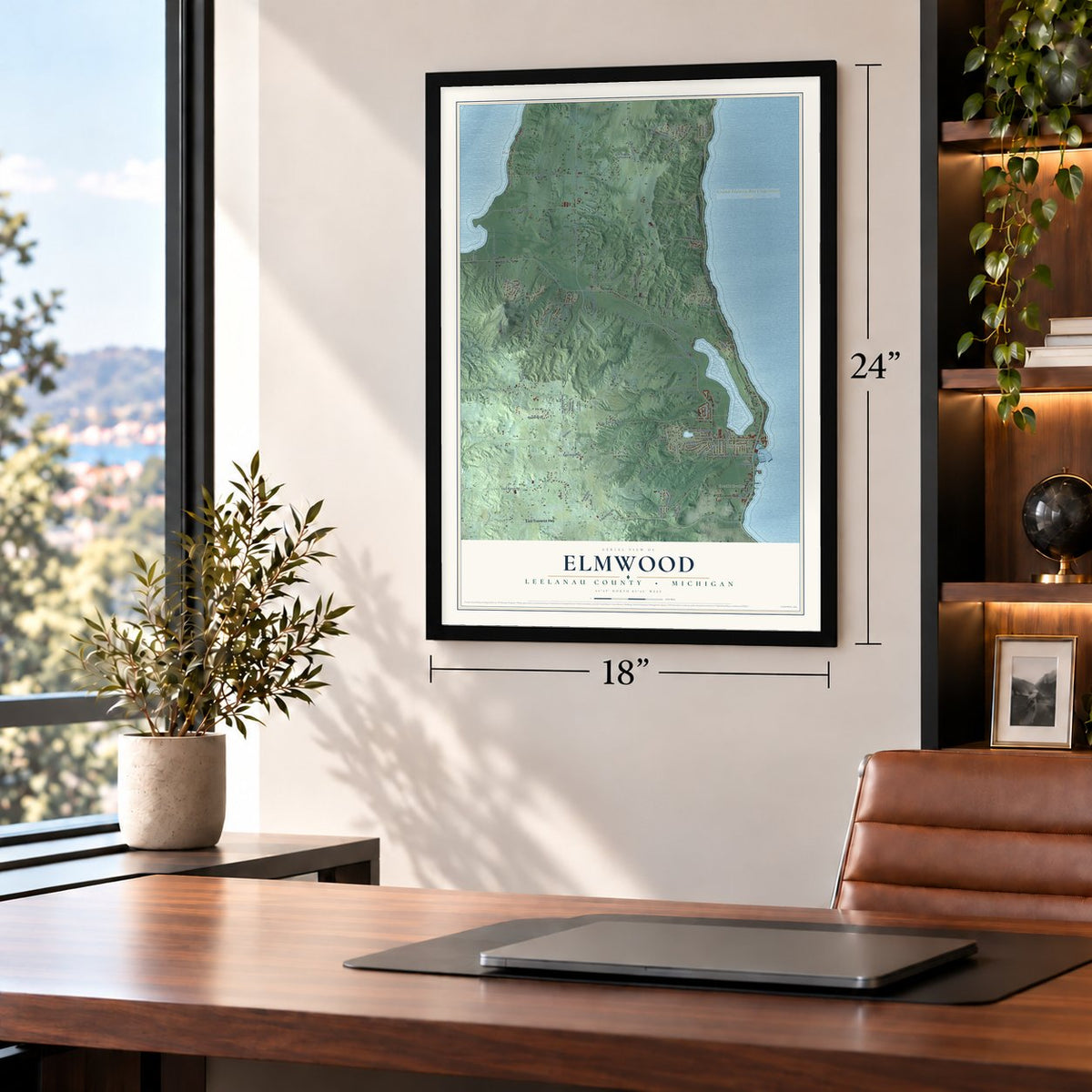 Elmwood, Leelanau County, Michigan map, 18 x 24 inch print in a black frame in a home office