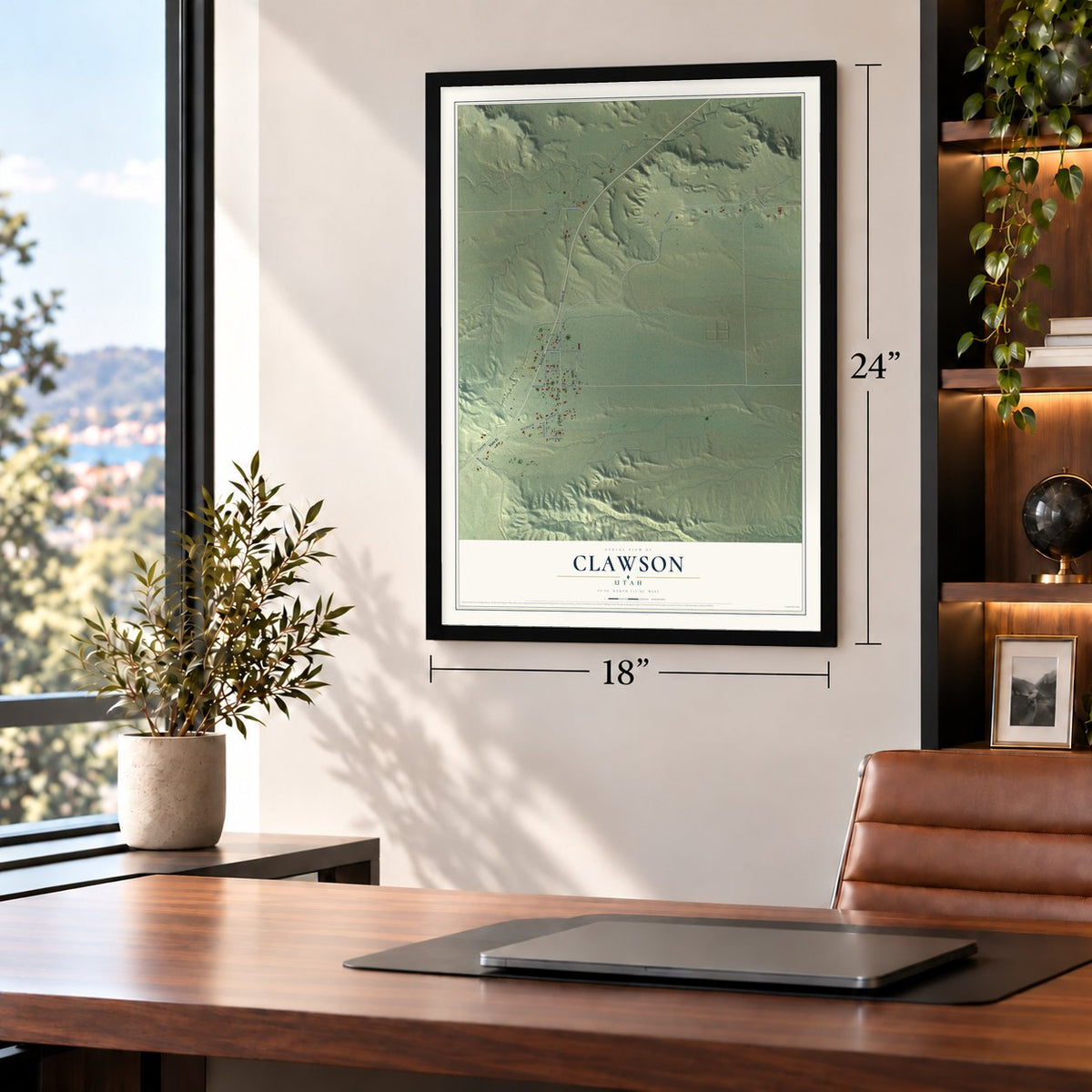 Clawson, Utah map, 18 x 24 inch print in a black frame in a home office