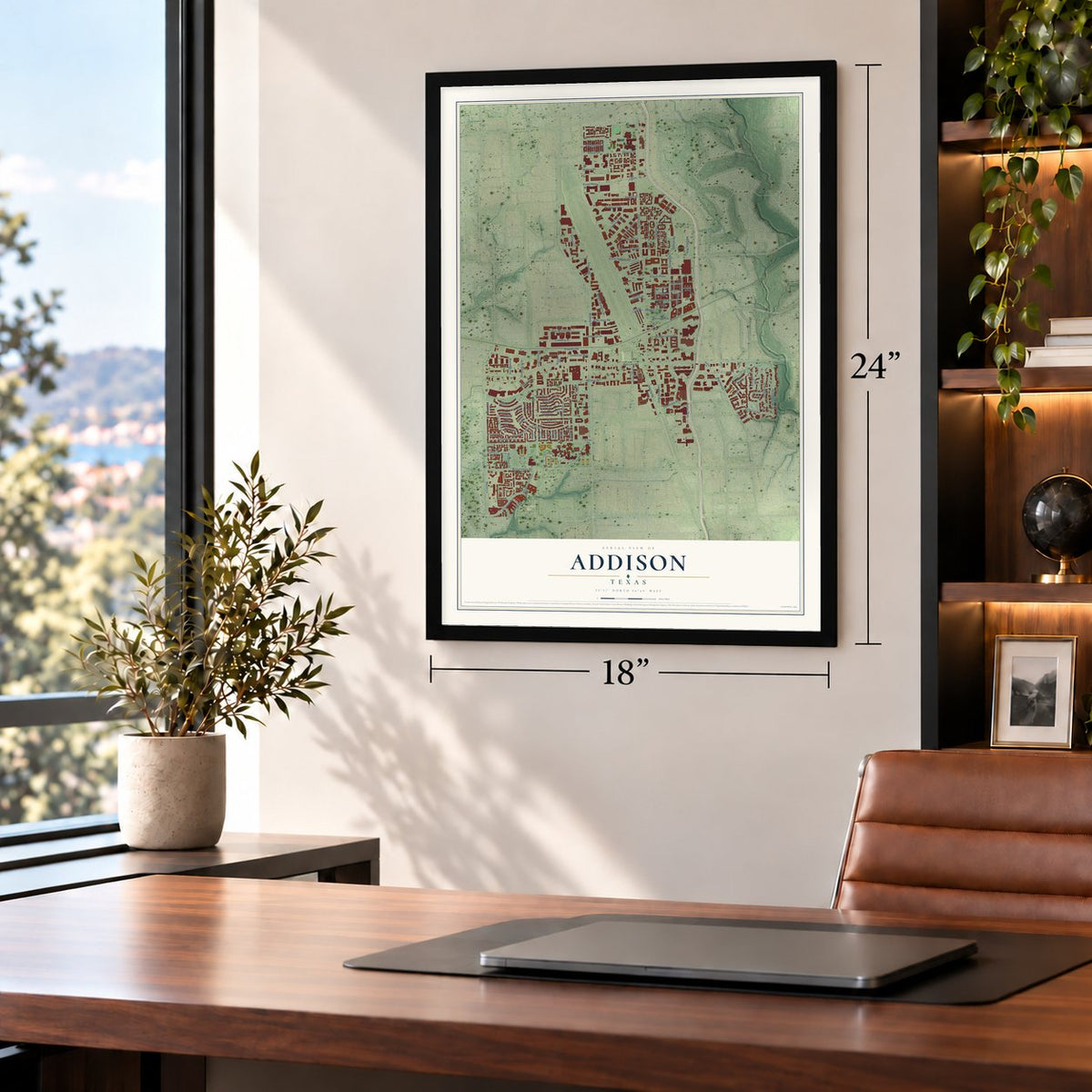 Addison, Texas map, 18 x 24 inch print in a black frame in a home office