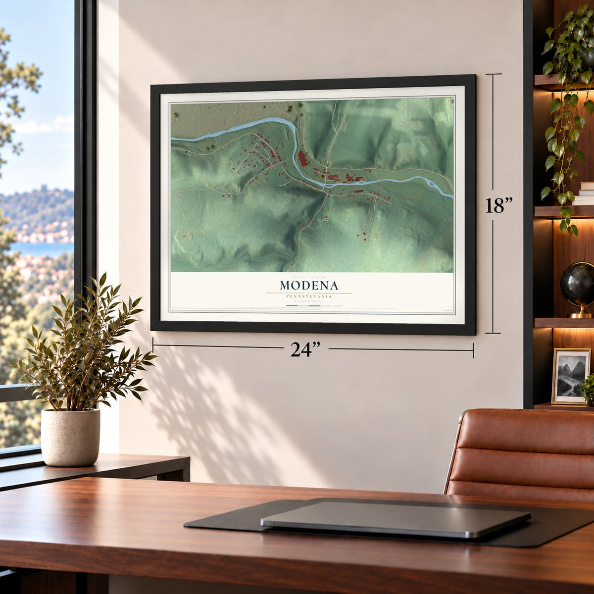 Modena, Pennsylvania map, 18 x 24 inch print in a black frame in a home office