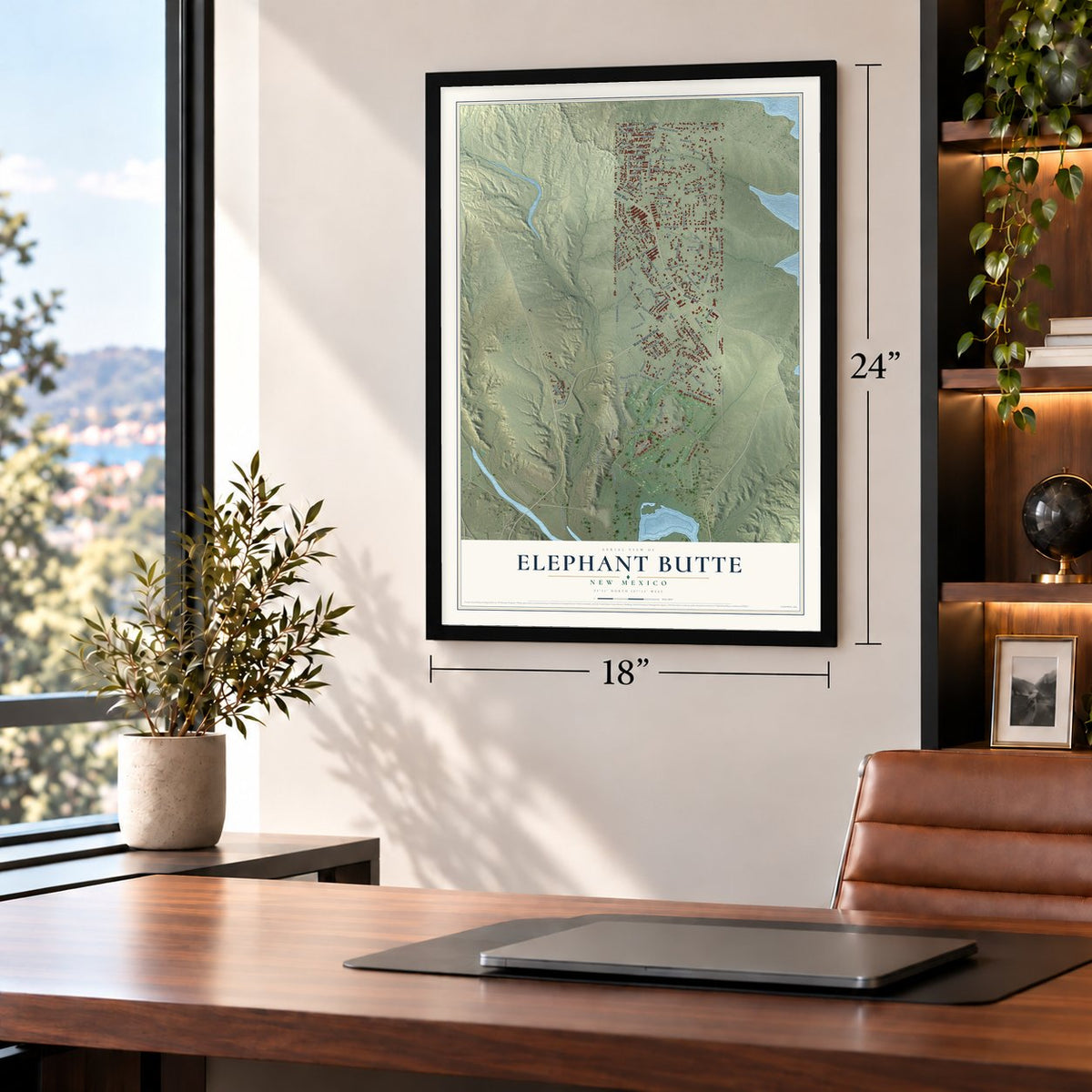 Elephant Butte, New Mexico map, 18 x 24 inch print in a black frame in a home office
