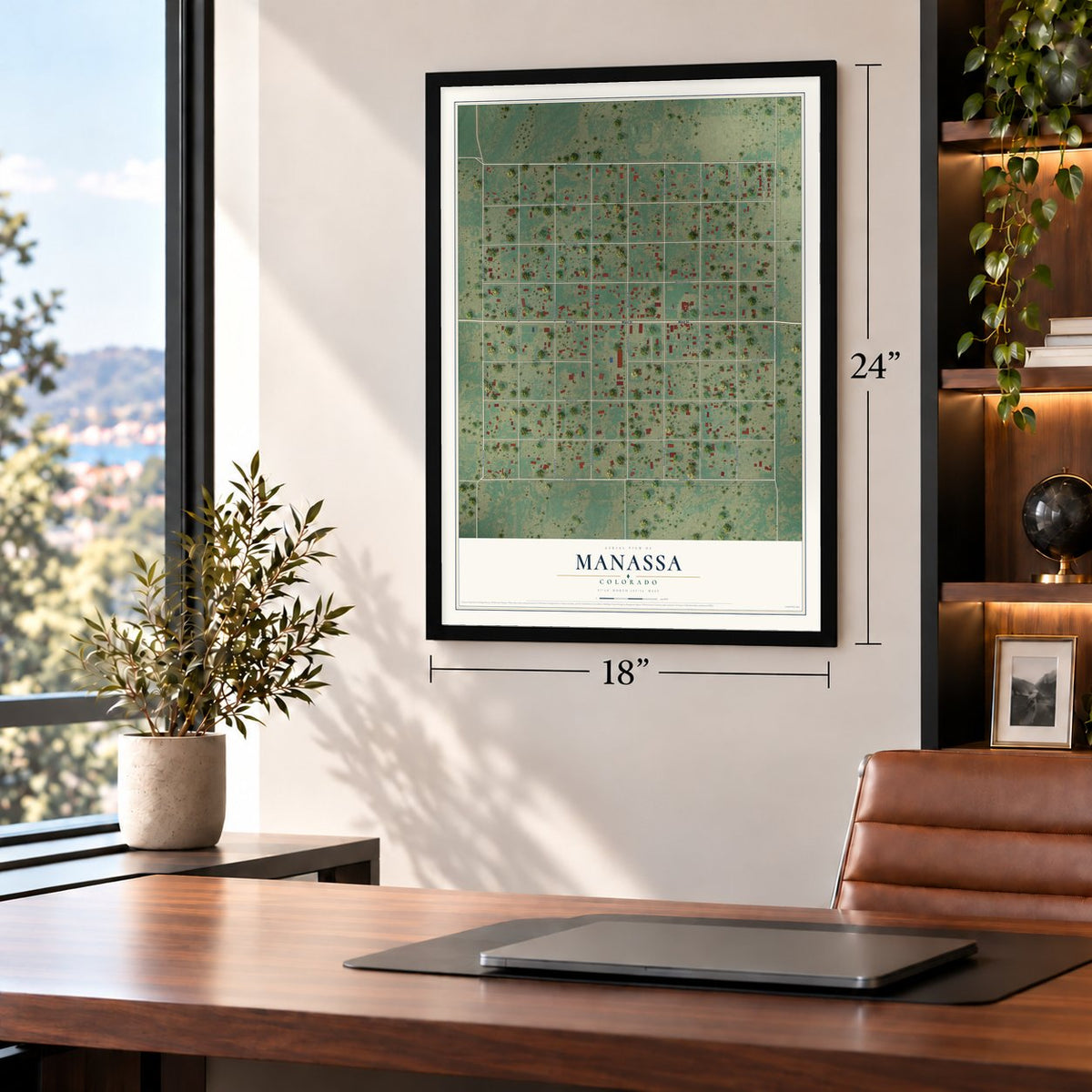 Manassa, Colorado map, 18 x 24 inch print in a black frame in a home office