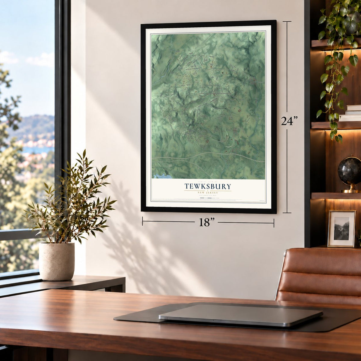 Tewksbury, New Jersey map, 18 x 24 inch print in a black frame in a home office