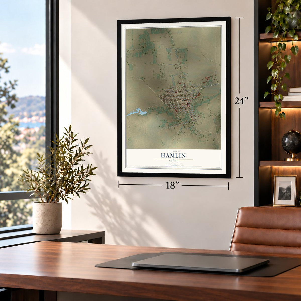 Hamlin, Texas map, 18 x 24 inch print in a black frame in a home office
