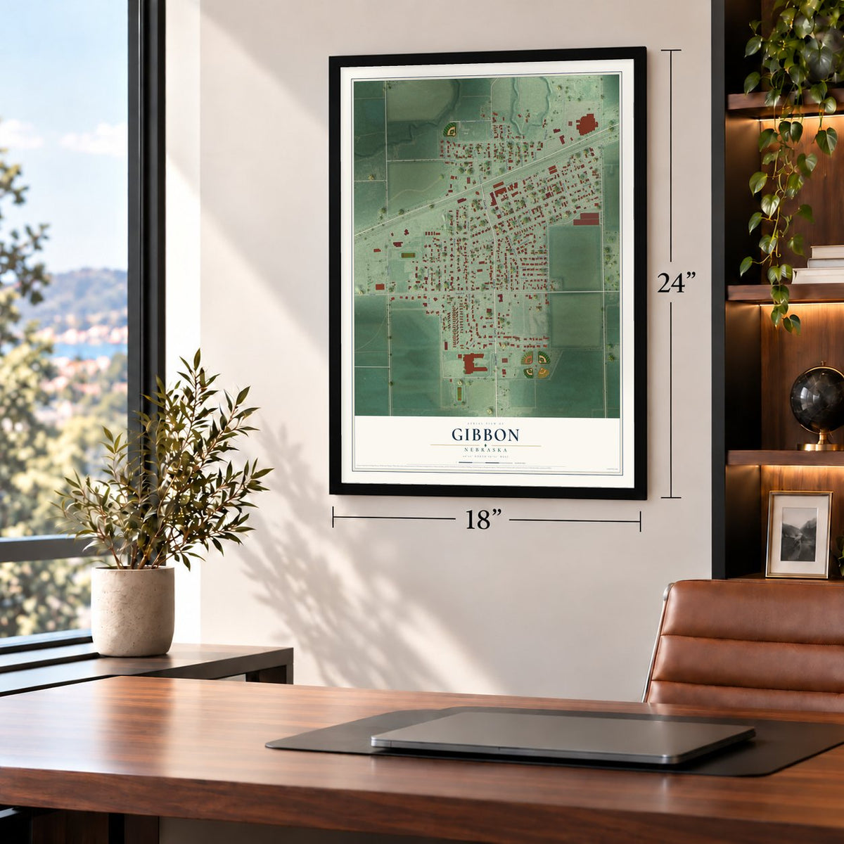 Gibbon, Nebraska map, 18 x 24 inch print in a black frame in a home office