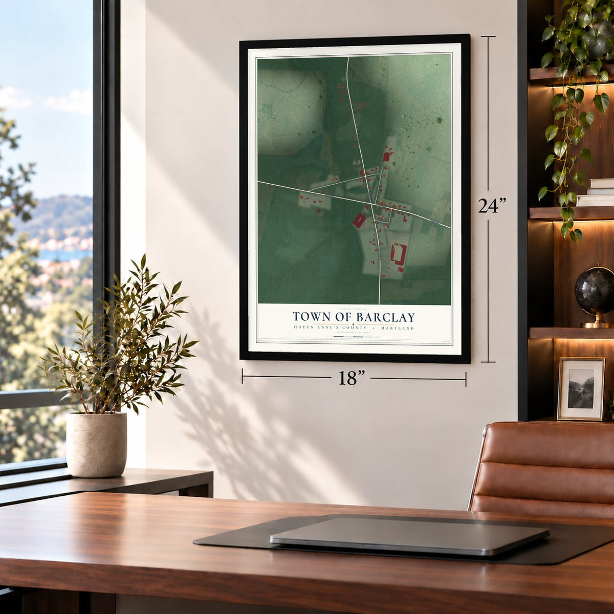 Barclay, Maryland map, 18 x 24 inch print in a black frame in a home office