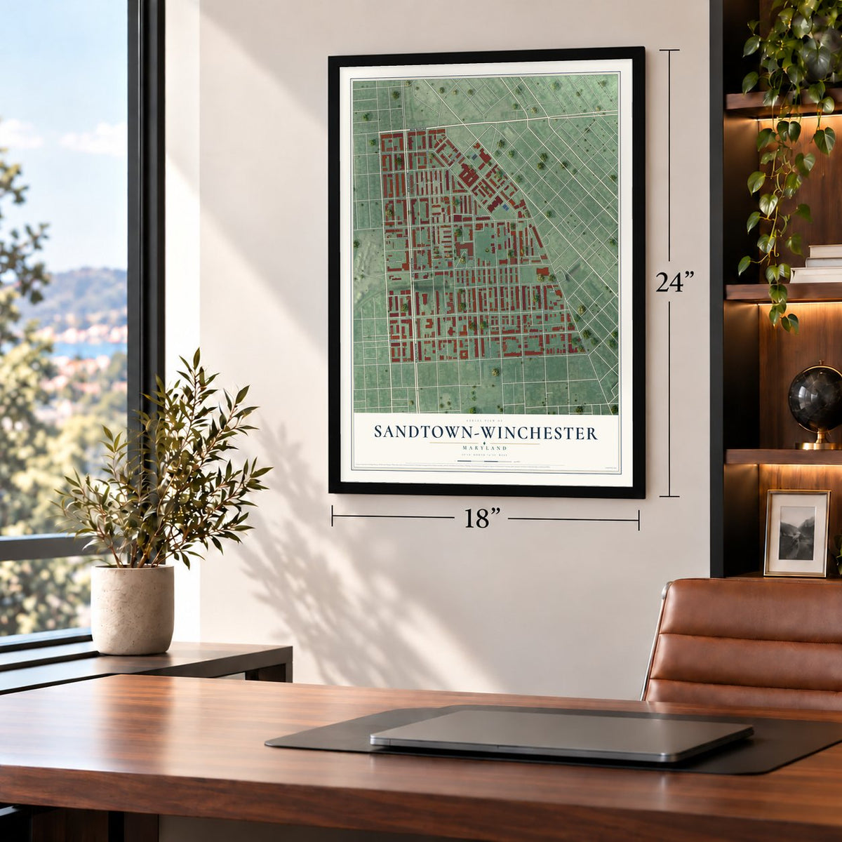 Sandtown-Winchester, Maryland map, 18 x 24 inch print in a black frame in a home office