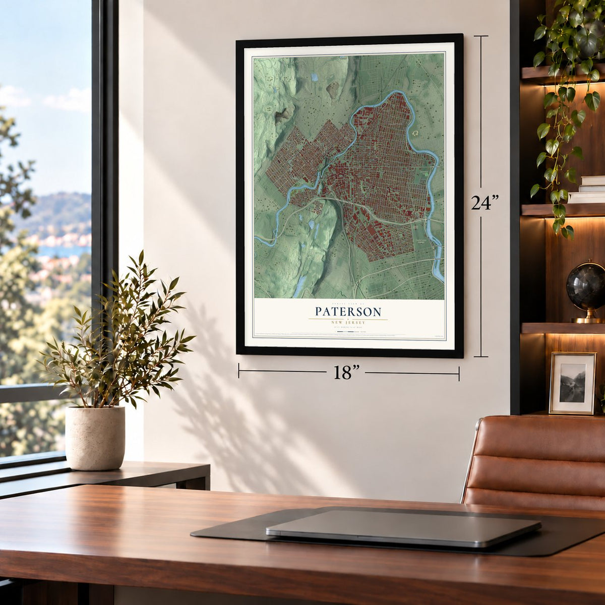 Paterson, New Jersey map, 18 x 24 inch print in a black frame in a home office
