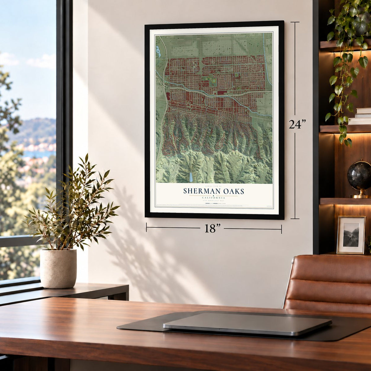 Sherman Oaks, California map, 18 x 24 inch print in a black frame in a home office