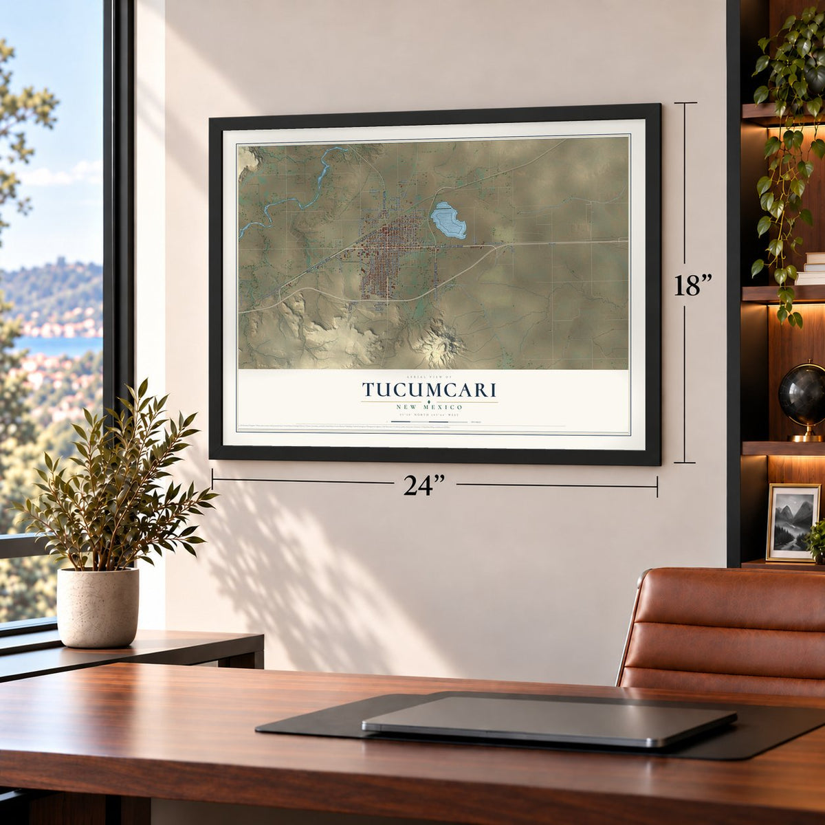 Tucumcari, New Mexico map, 18 x 24 inch print in a black frame in a home office