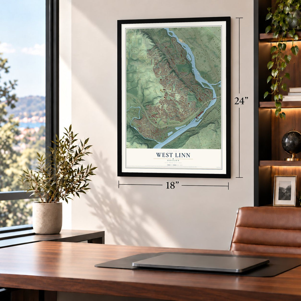 West Linn, Oregon map, 18 x 24 inch print in a black frame in a home office