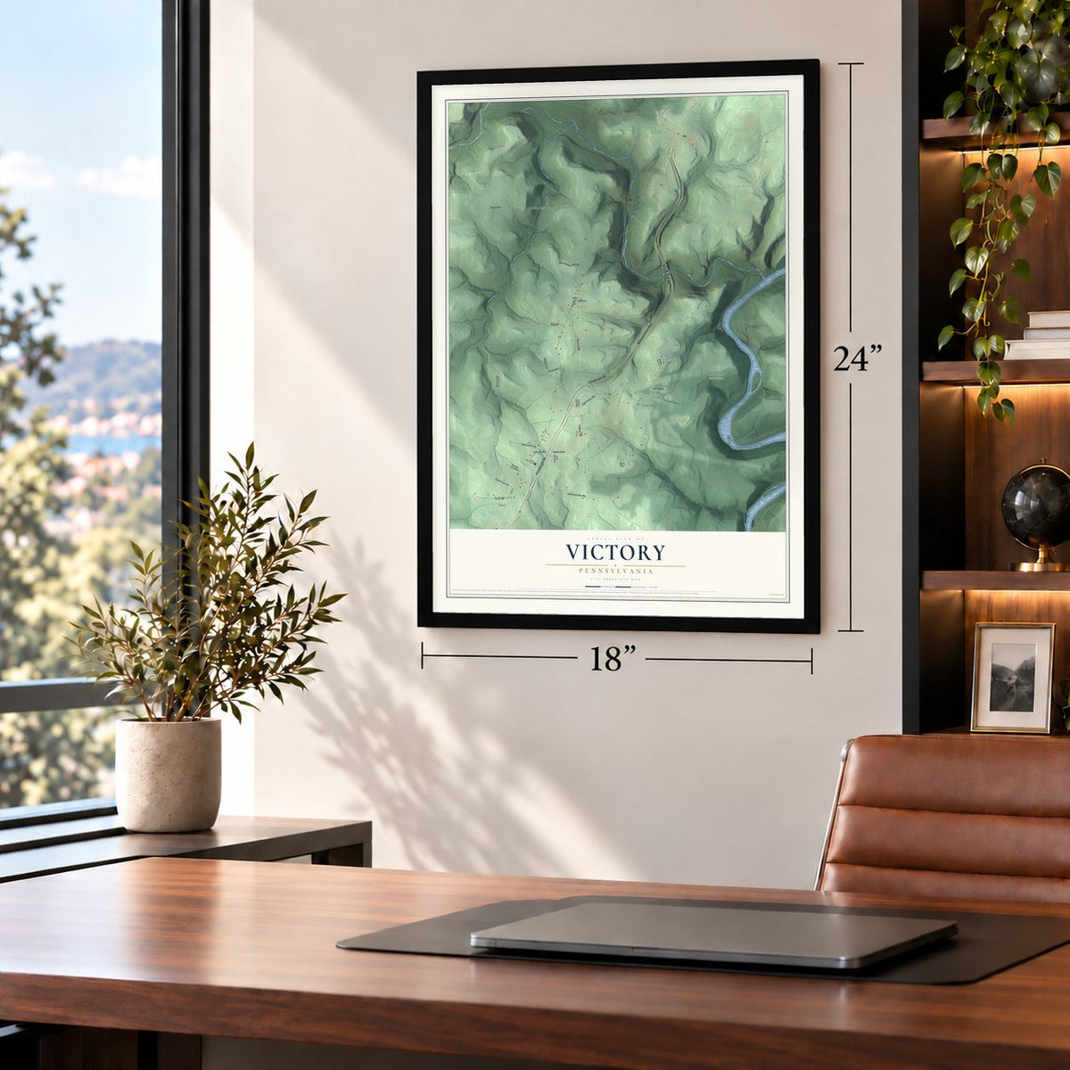 Victory, Pennsylvania map, 18 x 24 inch print in a black frame in a home office