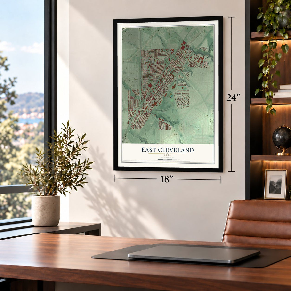East Cleveland, Ohio map, 18 x 24 inch print in a black frame in a home office