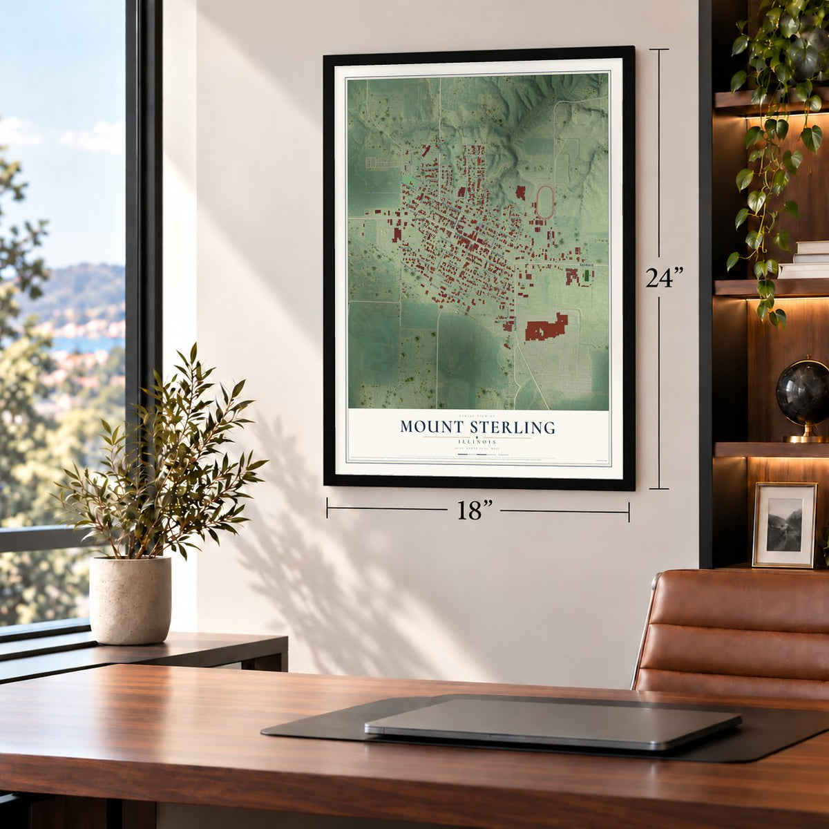 Mount Sterling, Illinois map, 18 x 24 inch print in a black frame in a home office