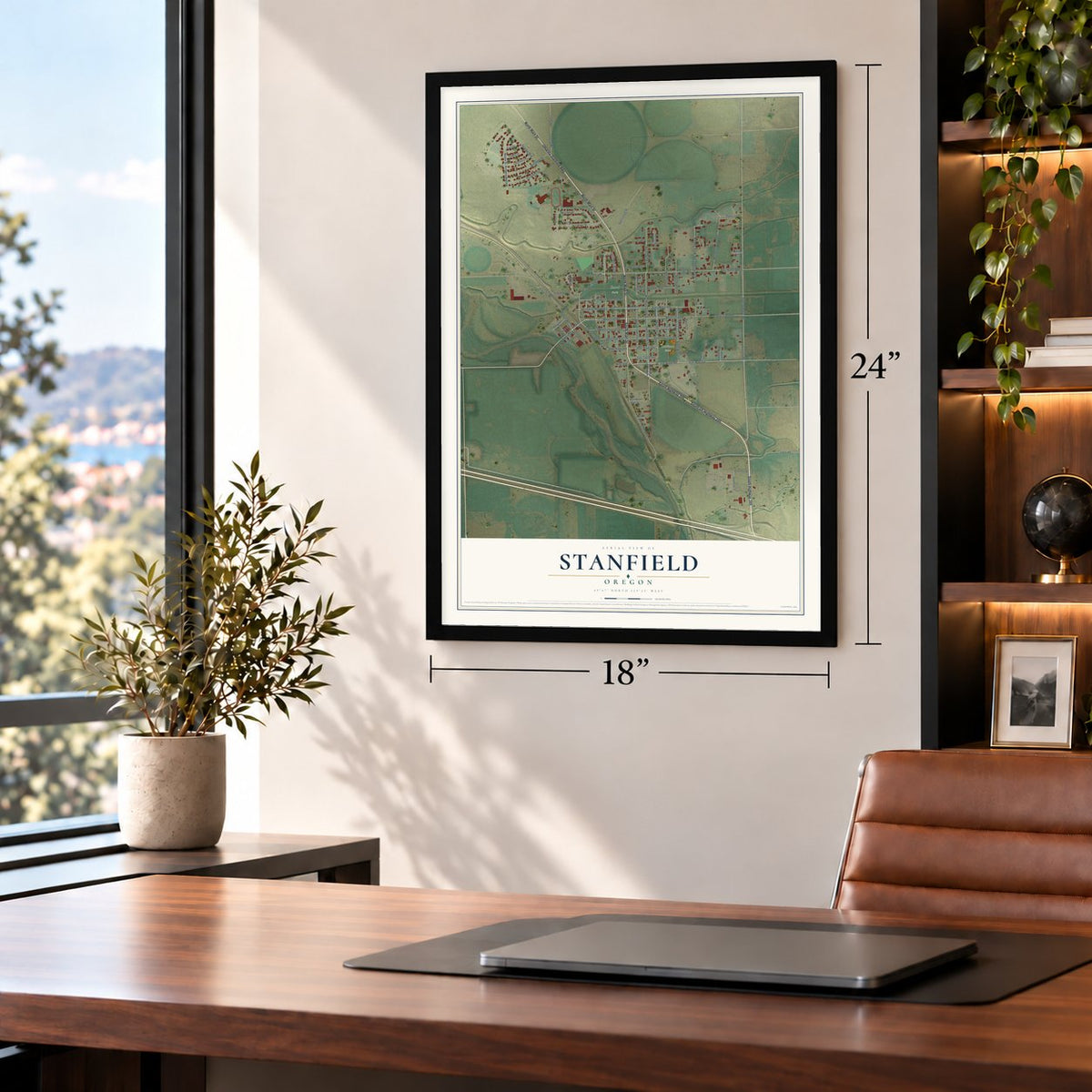 Stanfield, Oregon map, 18 x 24 inch print in a black frame in a home office