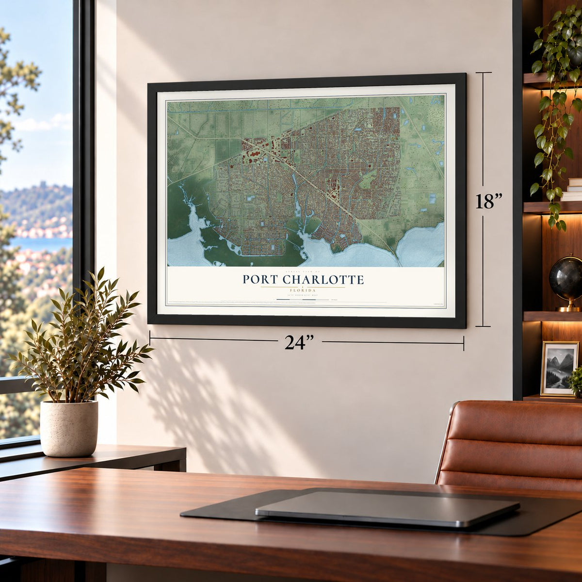 Port Charlotte, Florida map, 18 x 24 inch print in a black frame in a home office