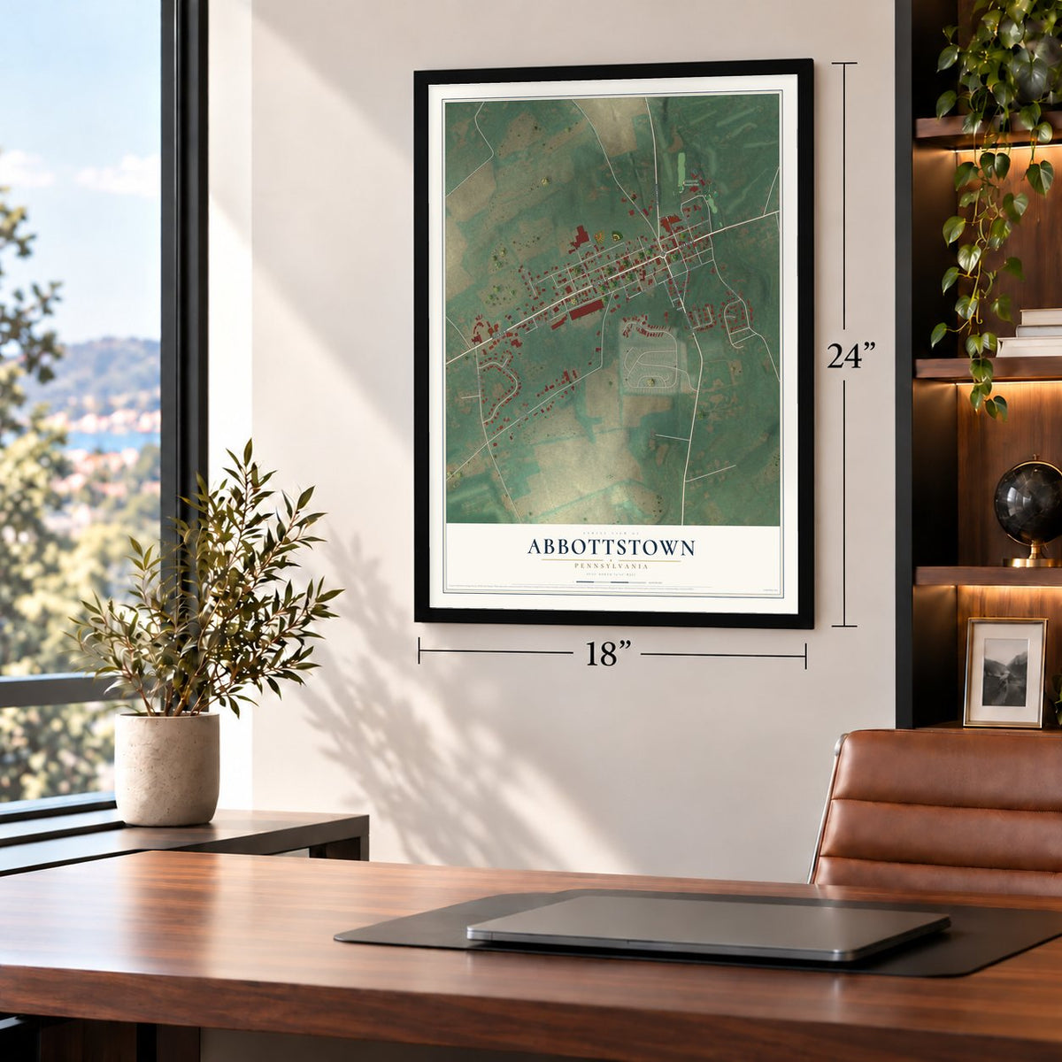 Abbottstown, Pennsylvania map, 18 x 24 inch print in a black frame in a home office
