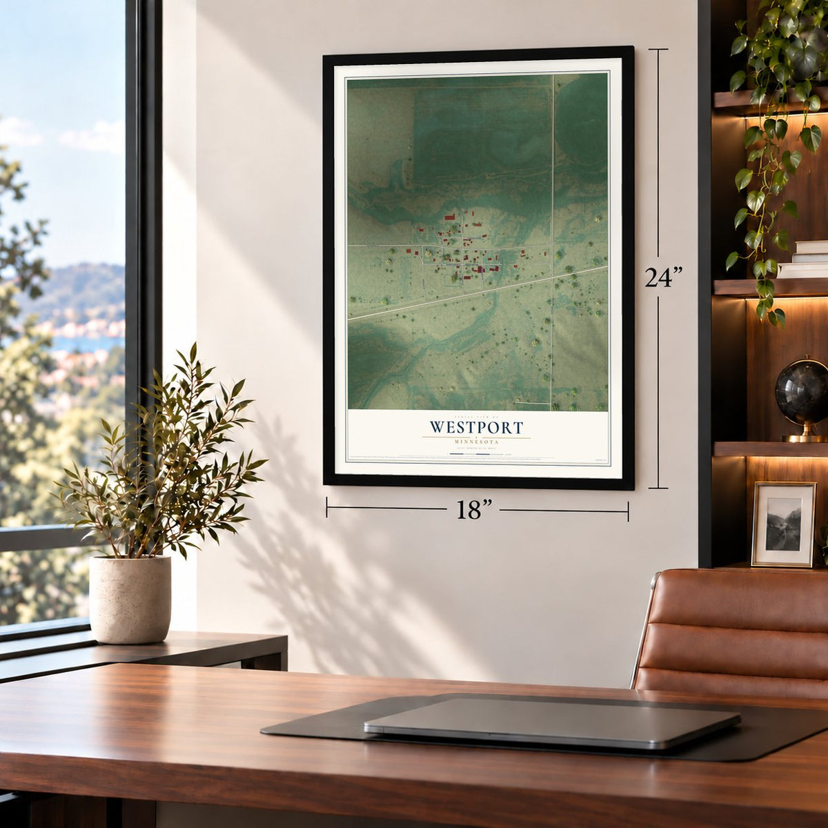 Westport, Minnesota map, 18 x 24 inch print in a black frame in a home office
