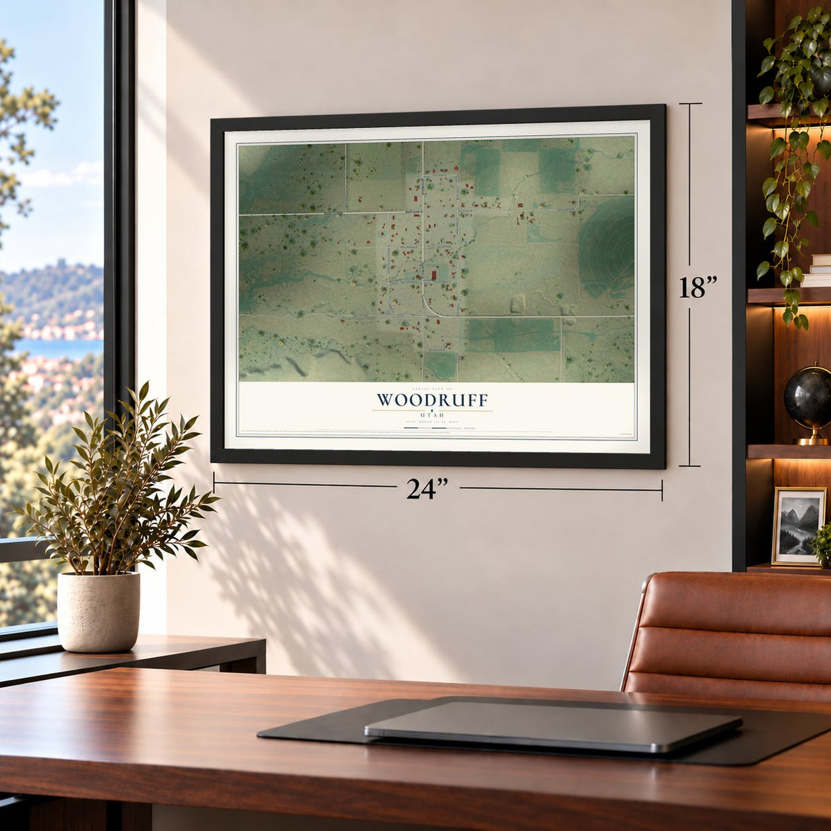 Woodruff, Utah map, 18 x 24 inch print in a black frame in a home office