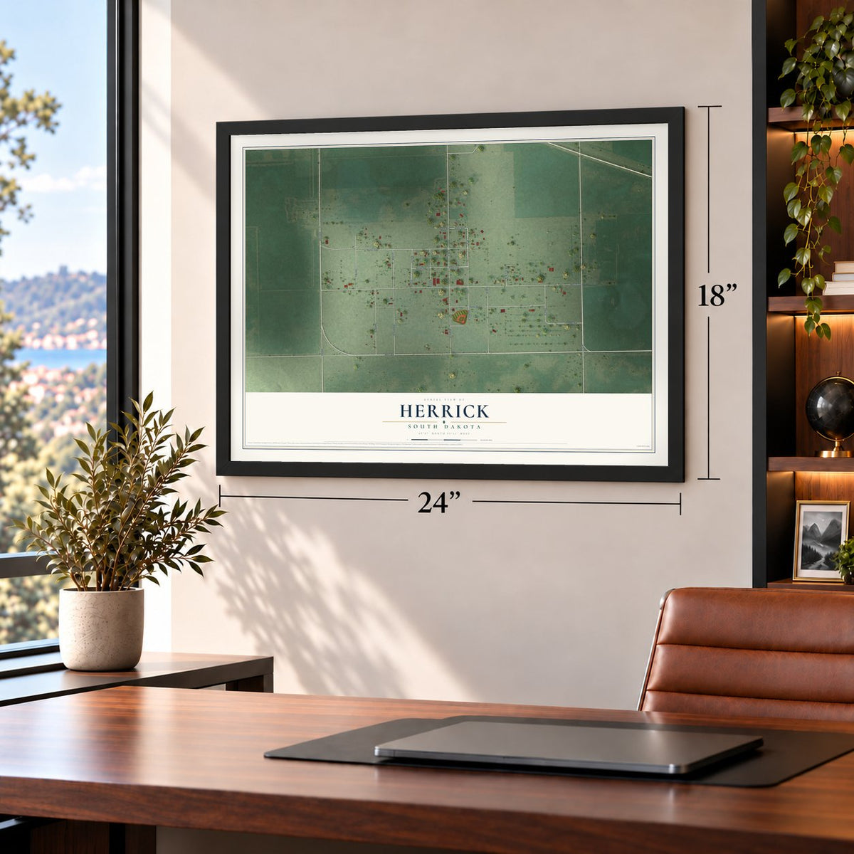 Herrick, South Dakota map, 18 x 24 inch print in a black frame in a home office