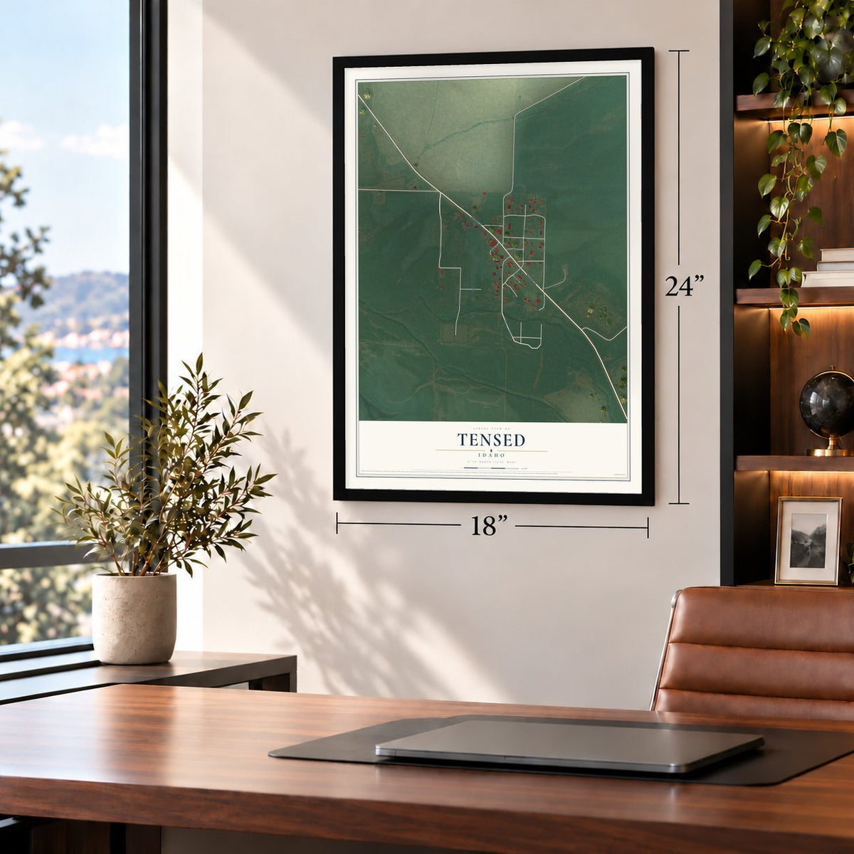 Tensed, Idaho map, 18 x 24 inch print in a black frame in a home office