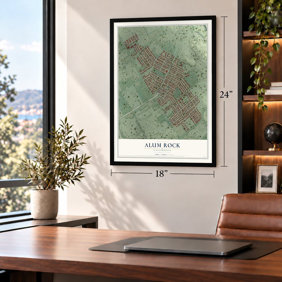Alum Rock, California map, 18 x 24 inch print in a black frame in a home office