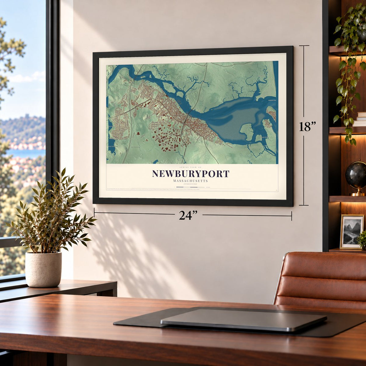 Newburyport, Massachusetts map, 18 x 24 inch print in a black frame in a home office
