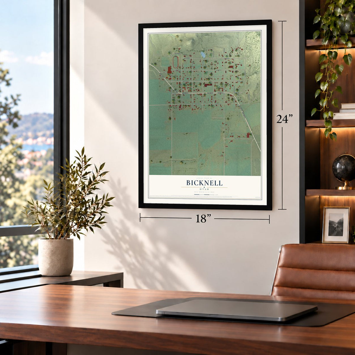 Bicknell, Utah map, 18 x 24 inch print in a black frame in a home office