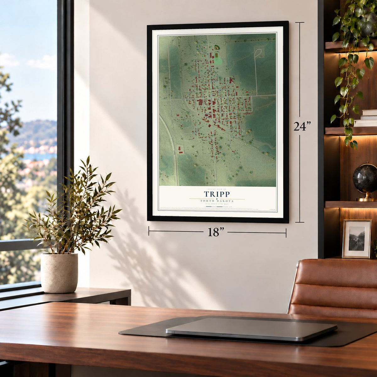 Tripp, South Dakota map, 18 x 24 inch print in a black frame in a home office