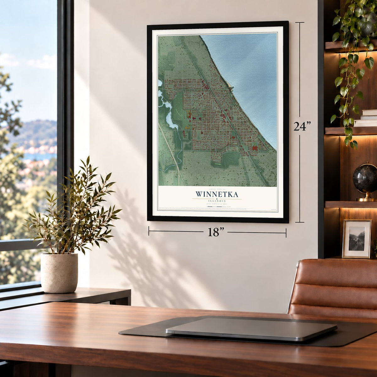 Winnetka, Illinois map, 18 x 24 inch print in a black frame in a home office