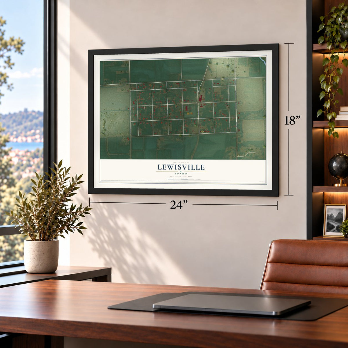 Lewisville, Idaho map, 18 x 24 inch print in a black frame in a home office