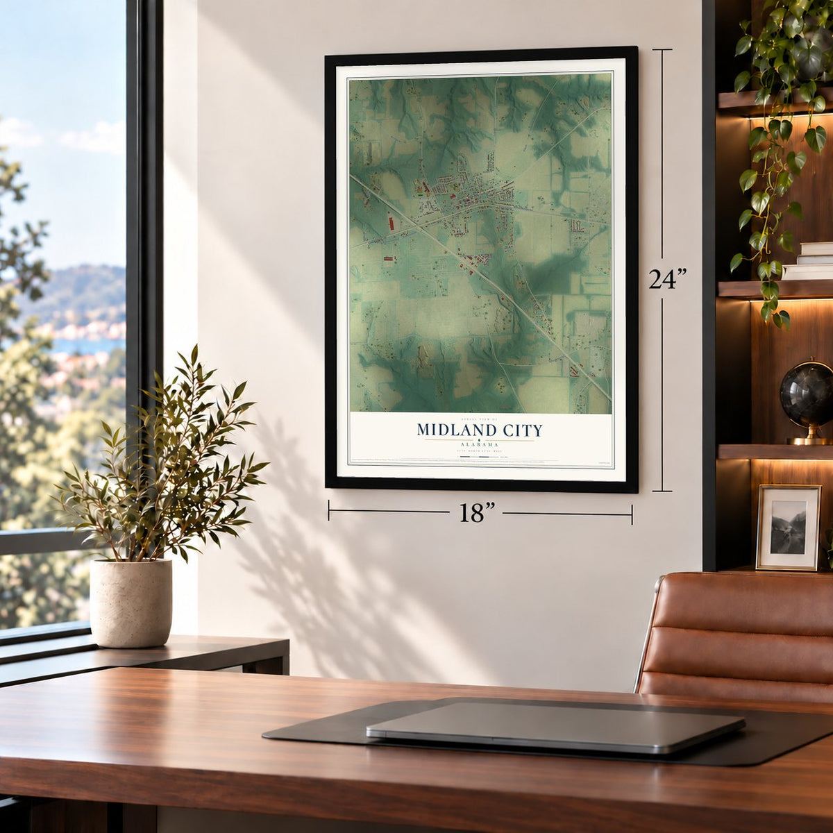 Midland City, Alabama map, 18 x 24 inch print in a black frame in a home office