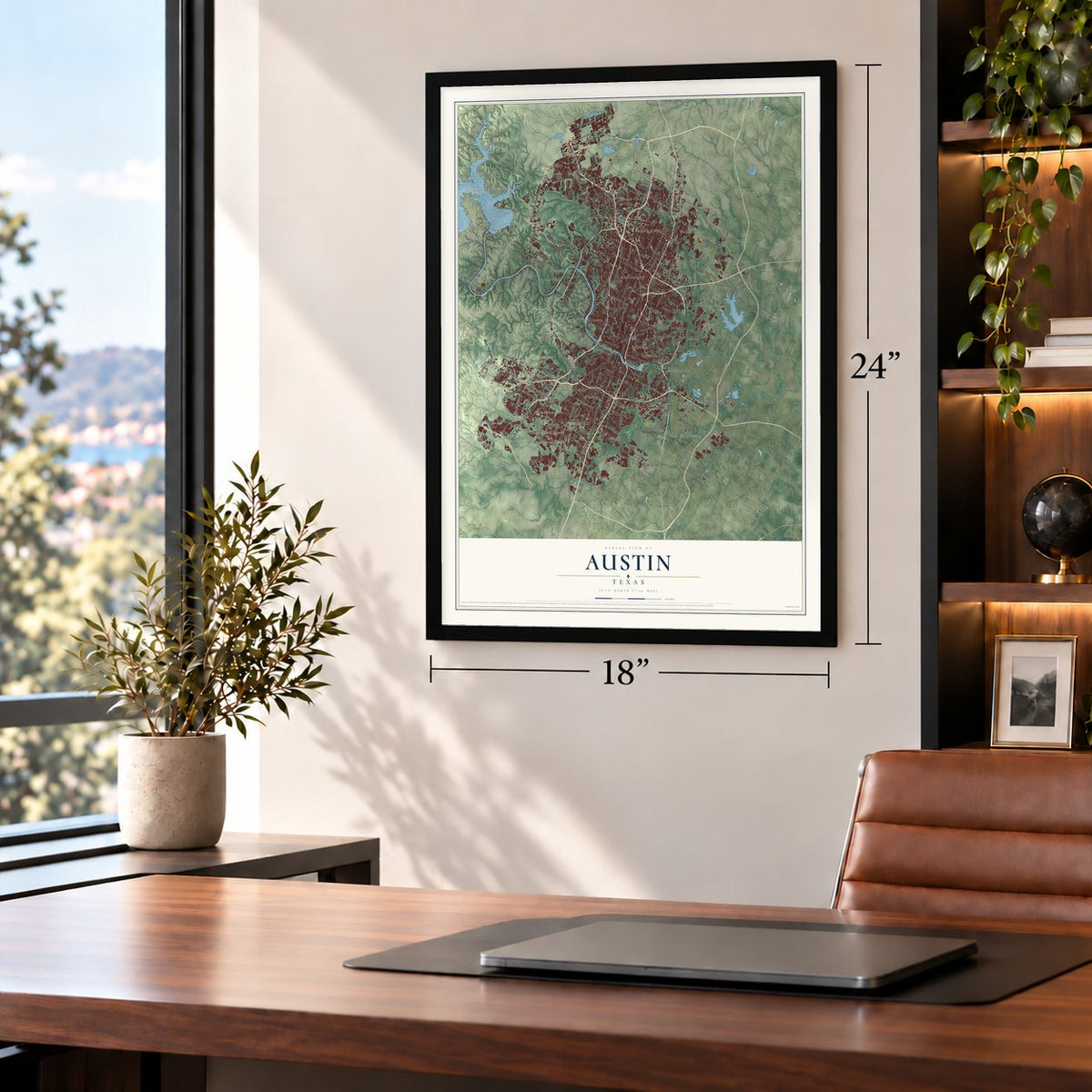 Austin, Texas map, 18 x 24 inch print in a black frame in a home office