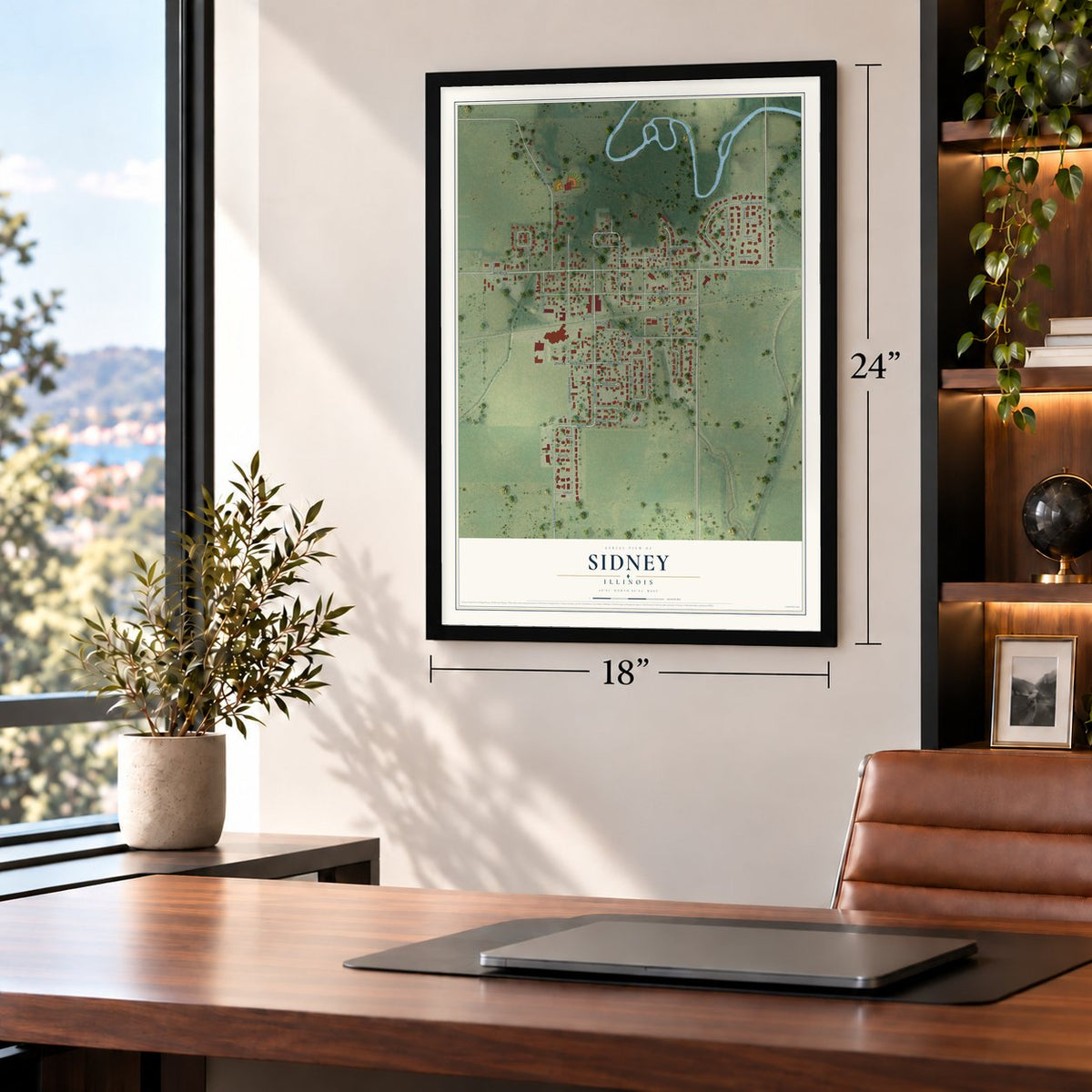 Sidney, Illinois map, 18 x 24 inch print in a black frame in a home office
