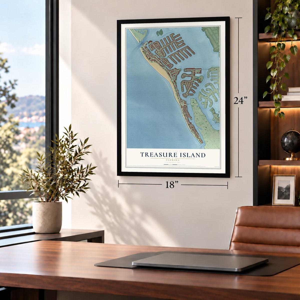 Treasure Island, Florida map, 18 x 24 inch print in a black frame in a home office
