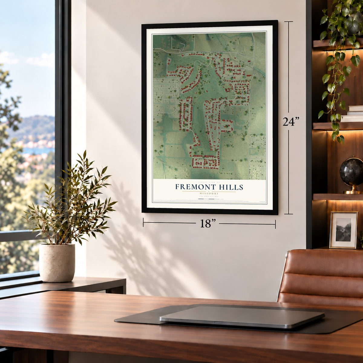 Fremont Hills, Missouri map, 18 x 24 inch print in a black frame in a home office